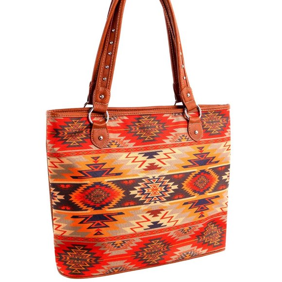 Leather Trim Aztec Design Canvas Tote Bag - Picture 4 of 5